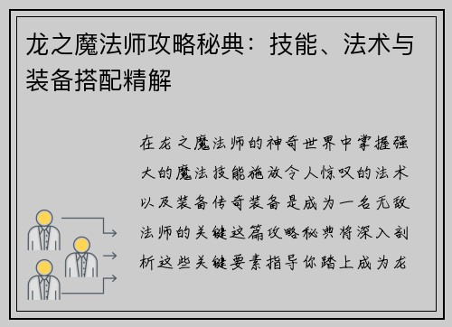 龙之魔法师攻略秘典:技能、法术与装备搭配精解
